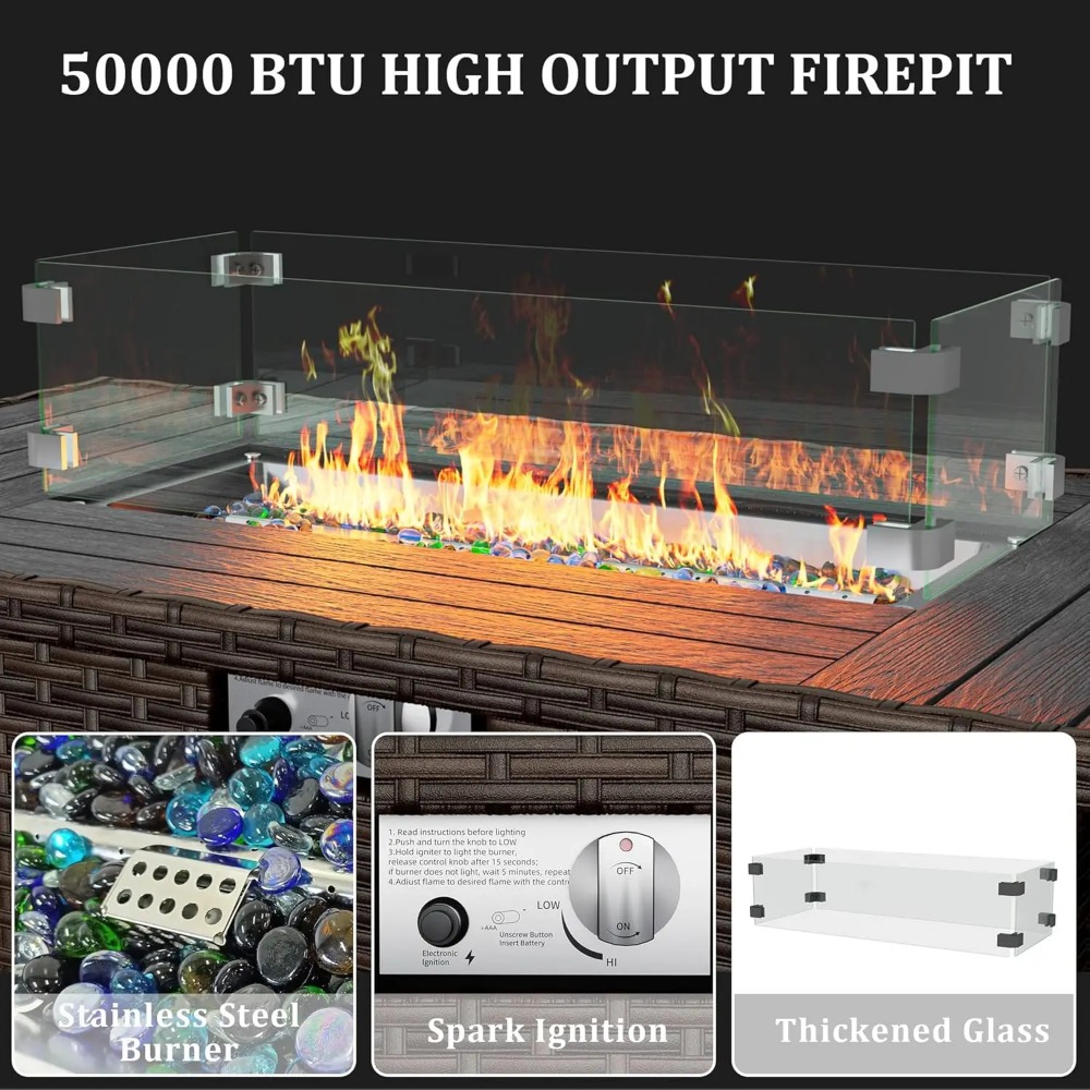 8 Pieces Outdoor Patio Furniture Set with 44" Fire Pit Table Rattan Sectional Conversation Sets w/Gas Fire Pit