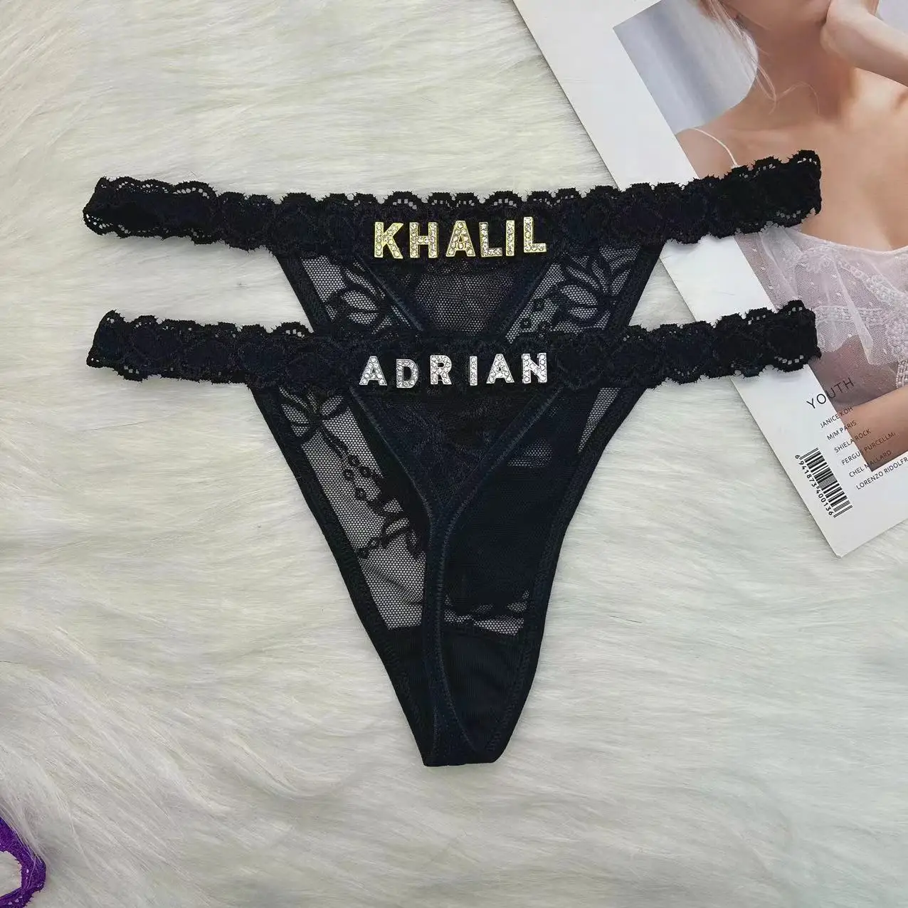 CUSTOM กางเกงชื่อ DIY Rhinestone Letter Thongs เซ็กซี่ที่กําหนดเองชุดชั้นใน G-String ส่วนบุคคลบิกินี่เครื่องประดับของขวัญ