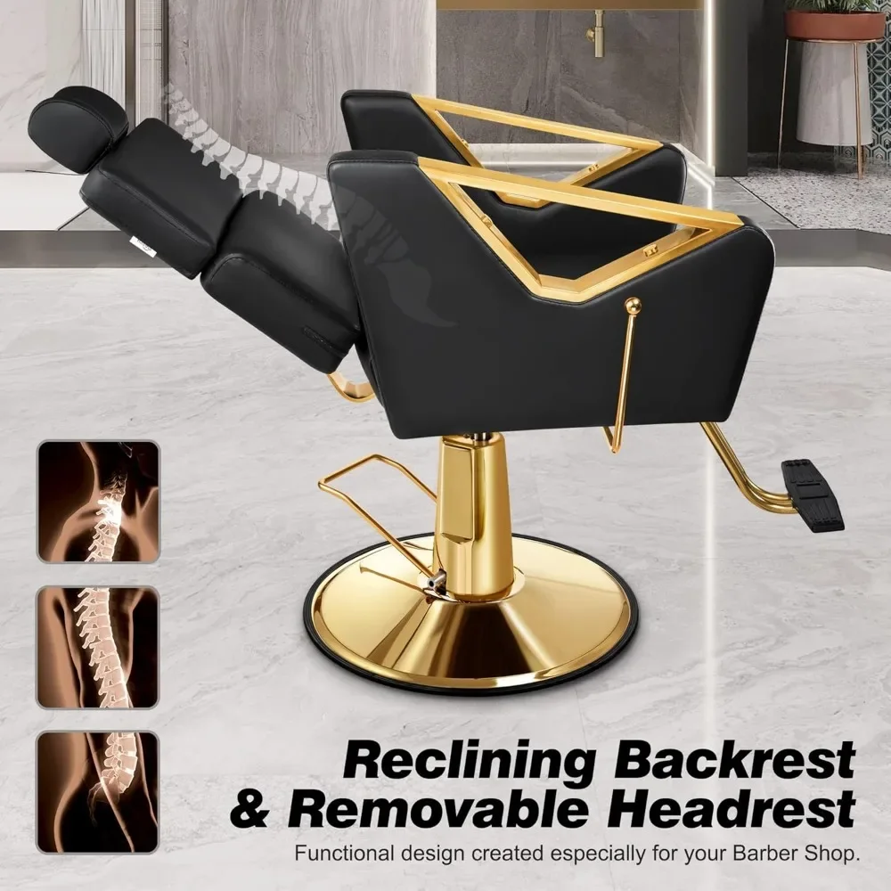 Professional Reclining Salon Chair with Adjustable Backrest & Headrest, Heavy Duty Barber Chair with Durable Steel Frame
