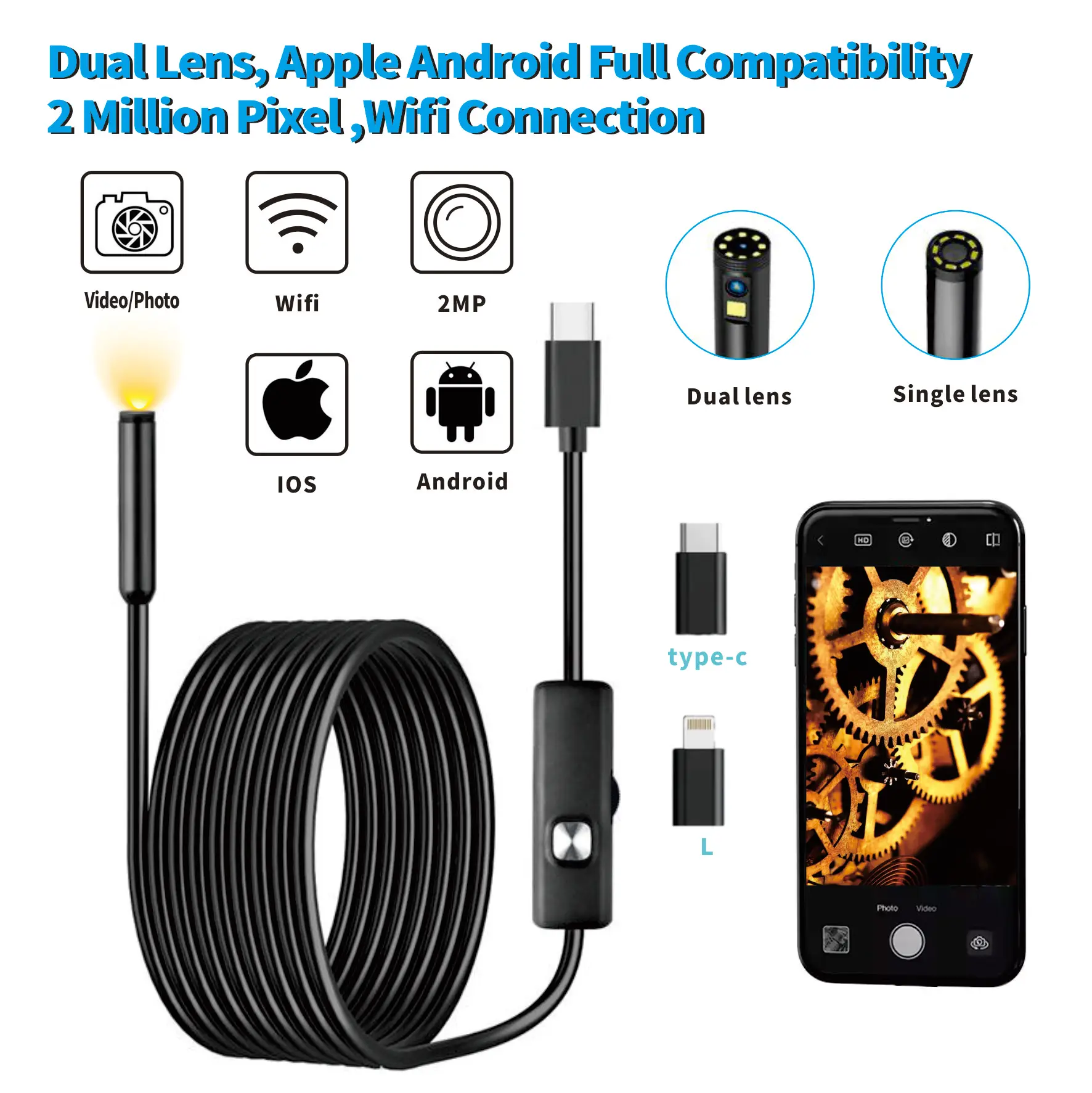 Cámara endoscópica para tuberías de alcantarillado, endoscopio de doble lente IP68 para teléfono móvil Android, teléfono inteligente de alta calidad, Iphone tipo C