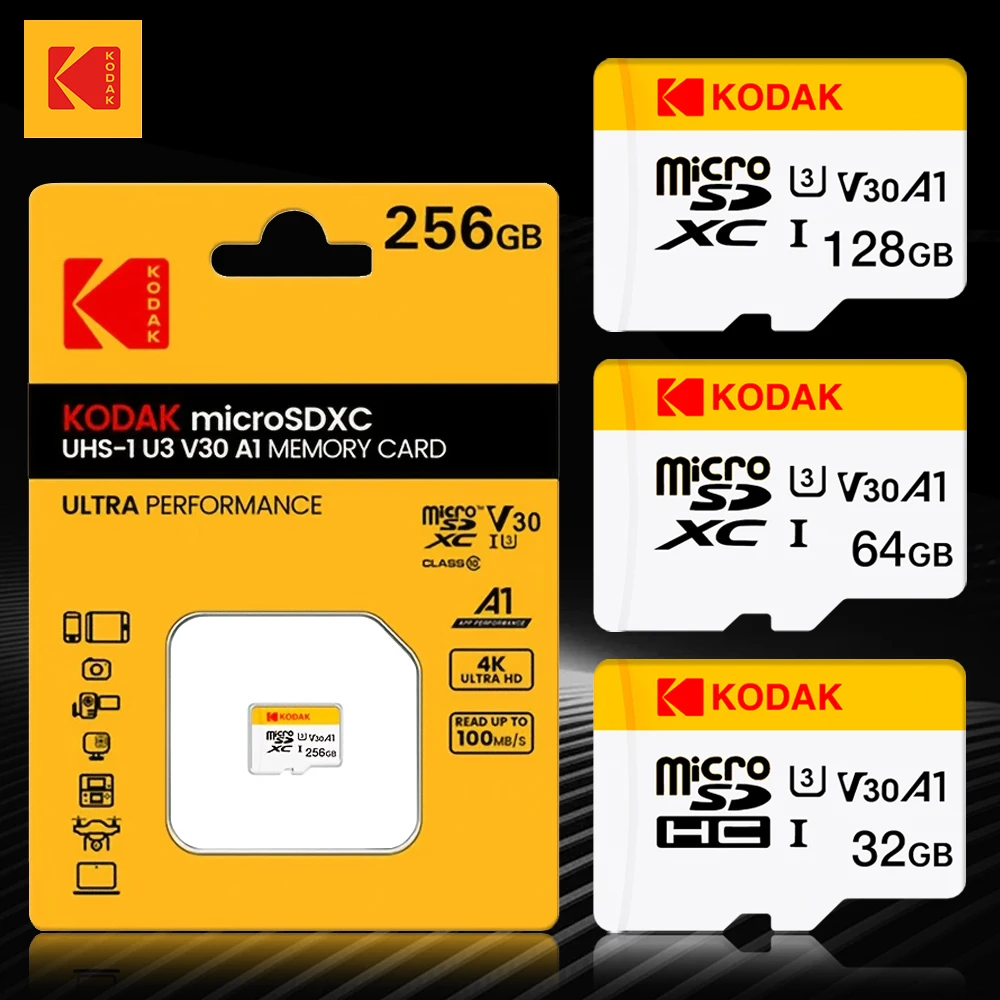 KODAK Mini Memory SD Card 256GB 128GB 64GB 32GB U3 V30 4K Full HD Micro TF Memory Flash Card for Phone/Computer/Camera