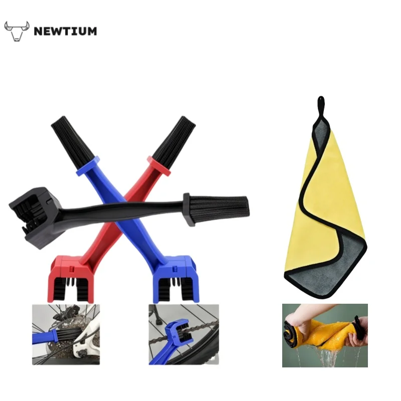 Escova de limpeza de corrente de bicicleta 2 em 1 e kit de toalha de microfibra – Purificador resistente de 3 lados com nylon anticorrosão + lavagem de carro 600GSM