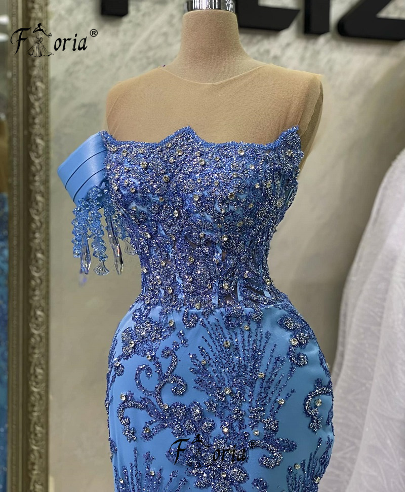 Funkelnde Perlen Applikationen Meerjungfrau blau formelle Gelegenheit Kleid Steine Quaste Schlitz Abend Party Kleid afrikanische Frau Ballkleider