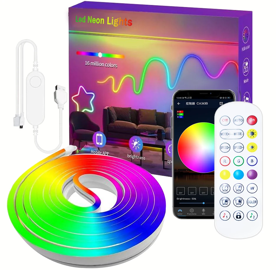 Tira de luces LED de neón RGB de 5V, 1M, 2M, 3M, 5M, 5050 SMD, Flexible, resistente al agua, IP65, alimentación USB, sincronización de música, Control por aplicación para decoración de habitación de PC