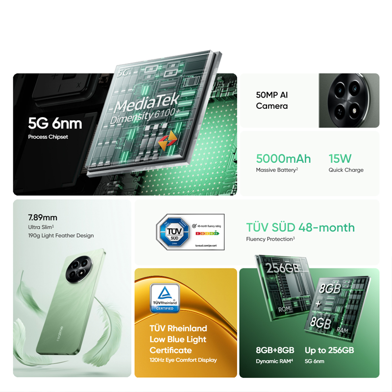 Realme 12X 5G 6.67 ''120Hz Display Moblie Phone 8GB 256GB Octa-Core Smartphone Câmera 50MP 5000mAh 15W Carga Rápida