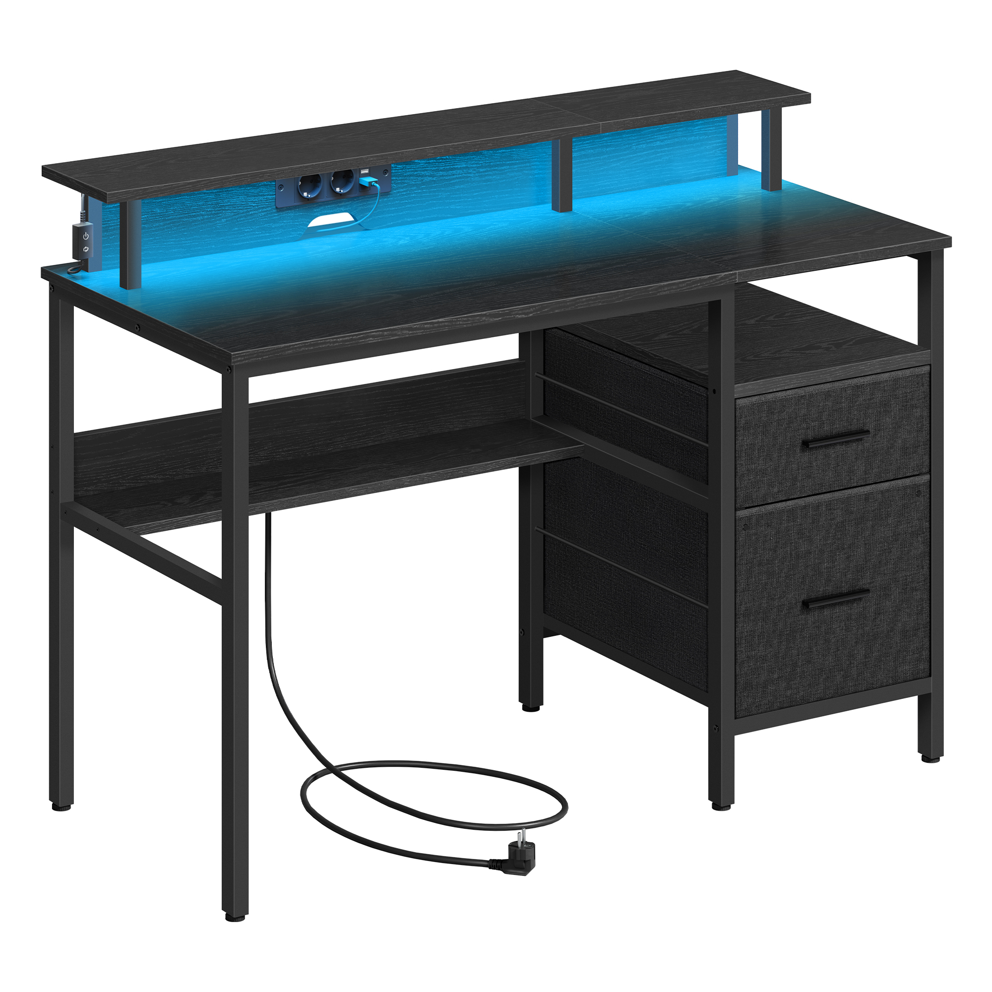 VASAGLE Bureau Gaming avec Lumières LED et Multiprise, Bureau Informatique avec Support d'Écran, Table avec Rangement, 2 Tiroirs en Tissu, 2 Ports USB, pour Bureau