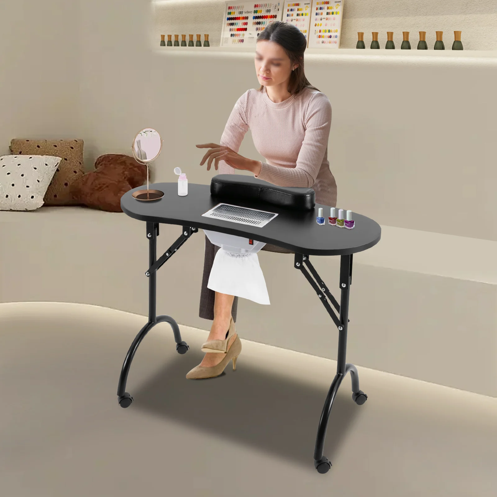Mesa de unhas dobrável com rodas multifuncional mesa de manicure portátil, mesa de MDF para famílias, salões de unhas