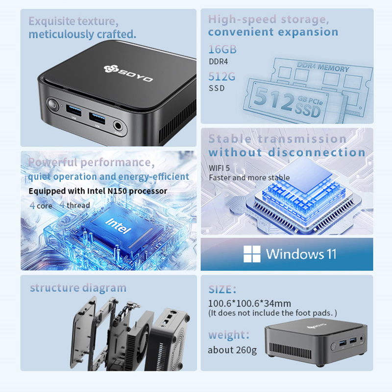 SOYO M4 PLUS2 Mini PC Intel Alder Lake N150 Windows 11 Pro Mini PC 16GB DDR4 512GB PCIe M.2 SSD WiFi 5 BT4.2 computadora de escritorio