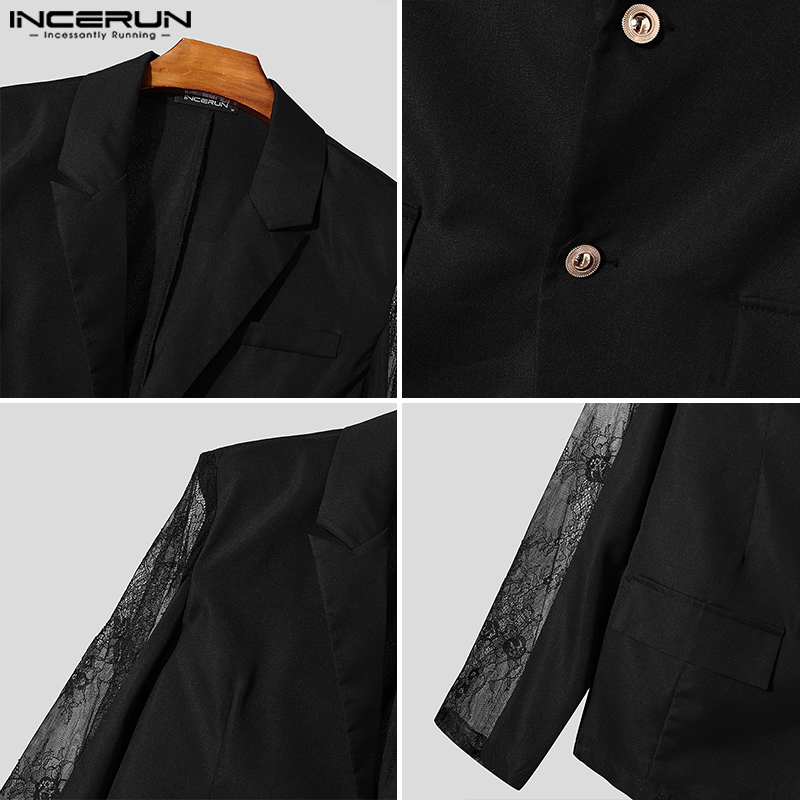 INCERUN Tops 2024 Amerikaanse Stijl Mode Heren Perspectief Kant Splicing Ontwerp Pak Jassen Casual Solid Lange Mouwen Blazer S-5XL
