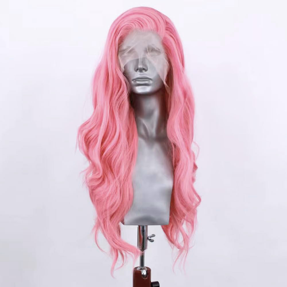 Peruca de renda frontal sintética onda do corpo peruca de renda para mulheres peruca rosa resistente ao calor cabelo onda longa peruca pastel rosa uso diário cosplay