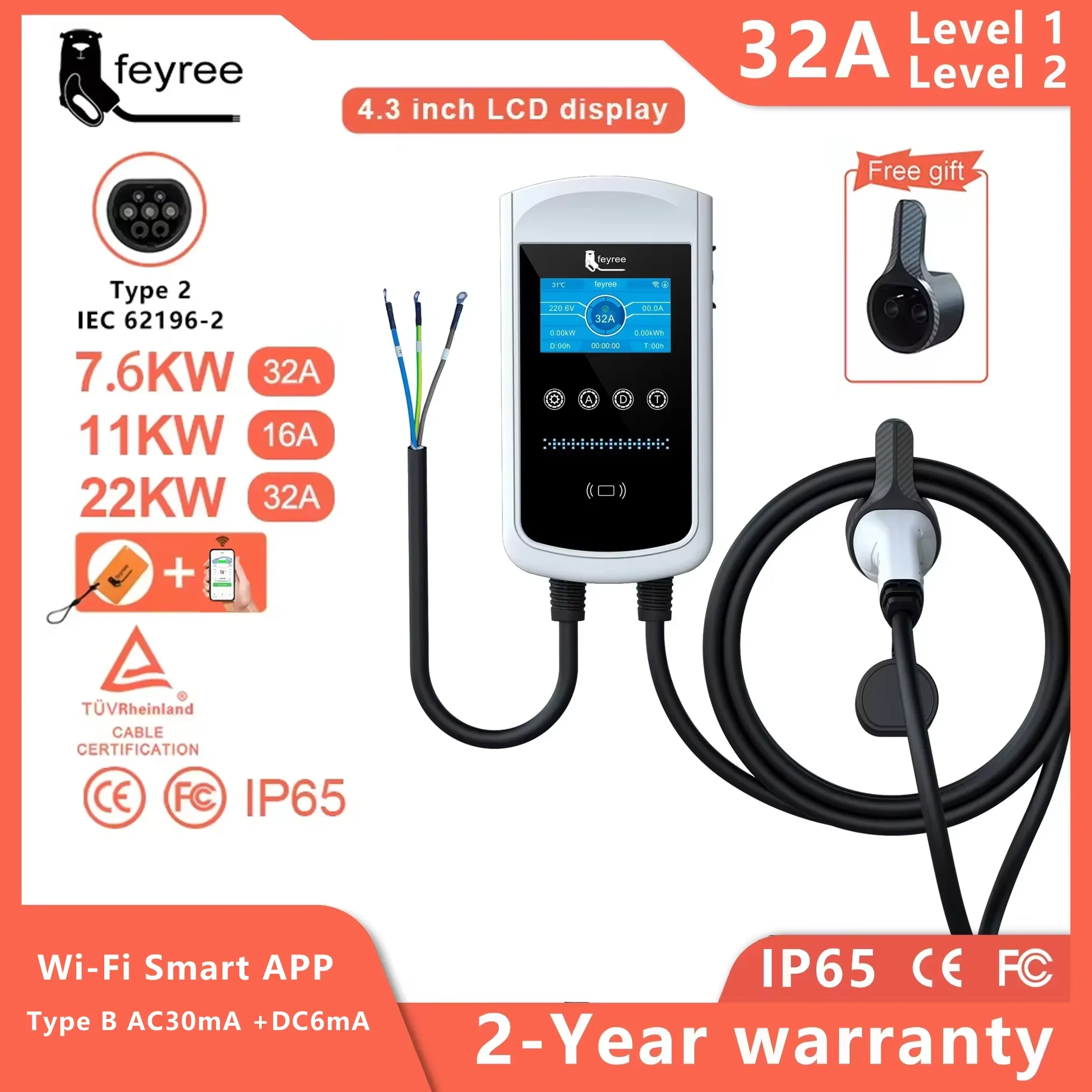 Ładowarka Feyree Type2 EV 32A 7.6KW Stacja Ładująca Samochodowa Ładowarka 11KW 22KW 3-fazowa EVSE Wallbox Ekran 4.3 cala Inteligentne Sterowanie Aplikacją