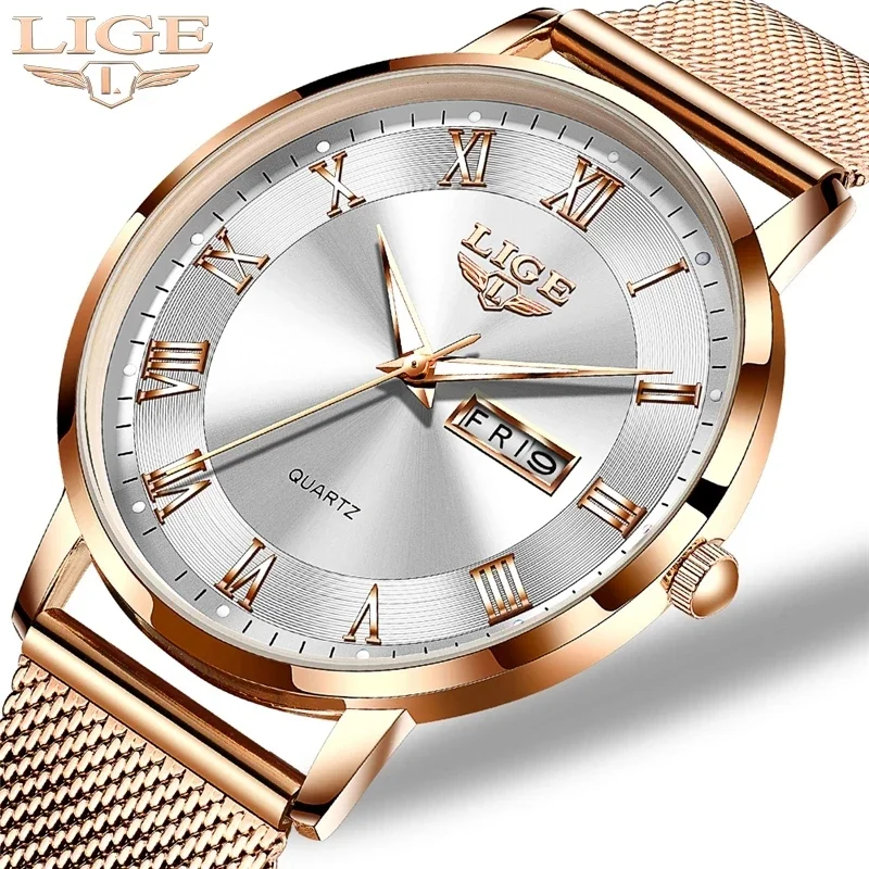 LIGE แบรนด์แฟชั่นผู้หญิงหรูหรานาฬิกากันน้ํา Rose Gold ตาข่ายเหล็กสุภาพสตรีนาฬิกาข้อมือสร้อยข้อมือนาฬิกา Relogio Feminino