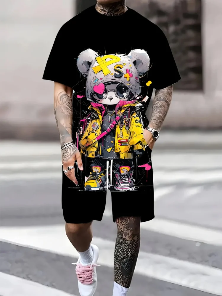 Conjunto de manga curta de verão para homens, hip hop, estampa de urso de desenhos animados, manga curta, shorts casuais de duas peças, moda urbana de rua ao ar livre