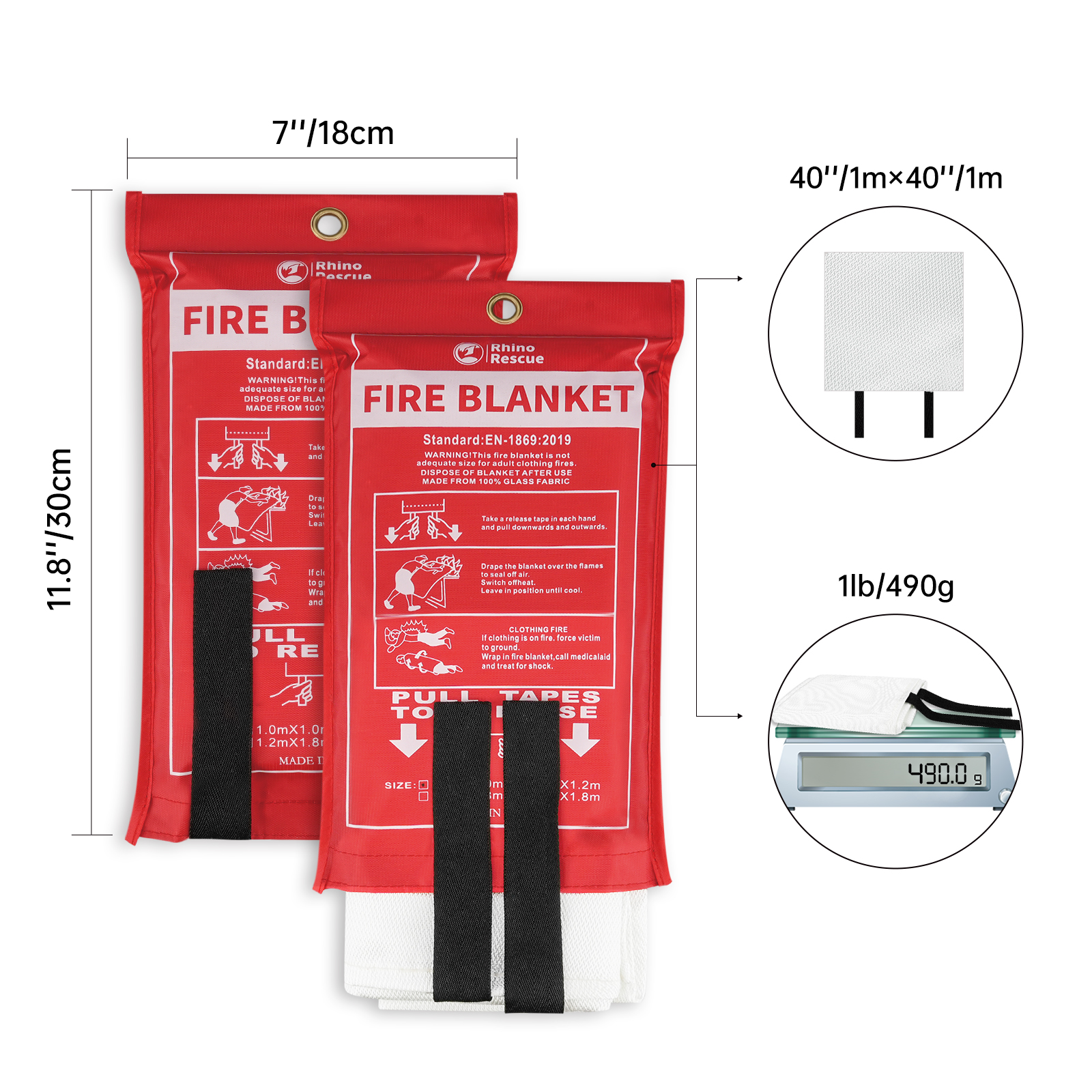 RHINO RESCUE Fire Blanket, 40''×40'' Fiberglass Emergency Fireproof Gear, Flame Retardant Protection for Home, Kitchen