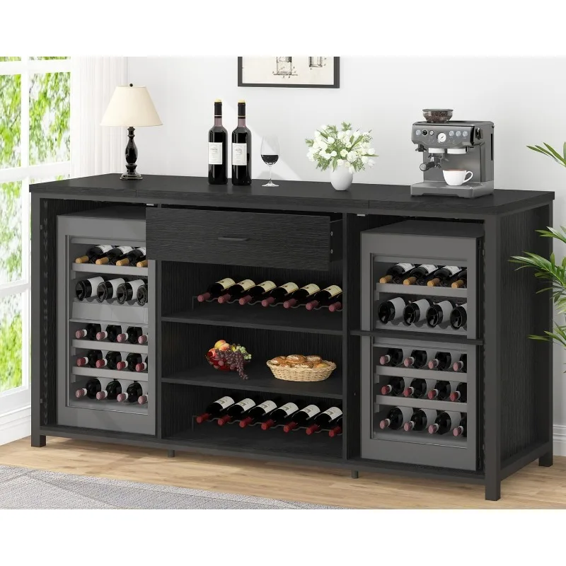 Long Bar Cabinet with Fridge Space, Farmhouse Big Liquor Cabinet with Drawer Storage, Rustic Wood Metal Large Wine Cabinet