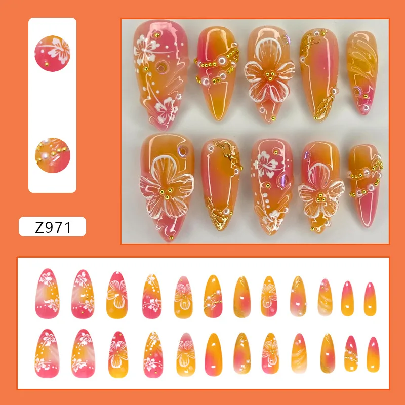 24 Uds. Puntas de uñas postizas de flores blancas Ins amarillo rosa rubor uñas postizas cubierta completa usable prensa en forma de almendra europea en las uñas