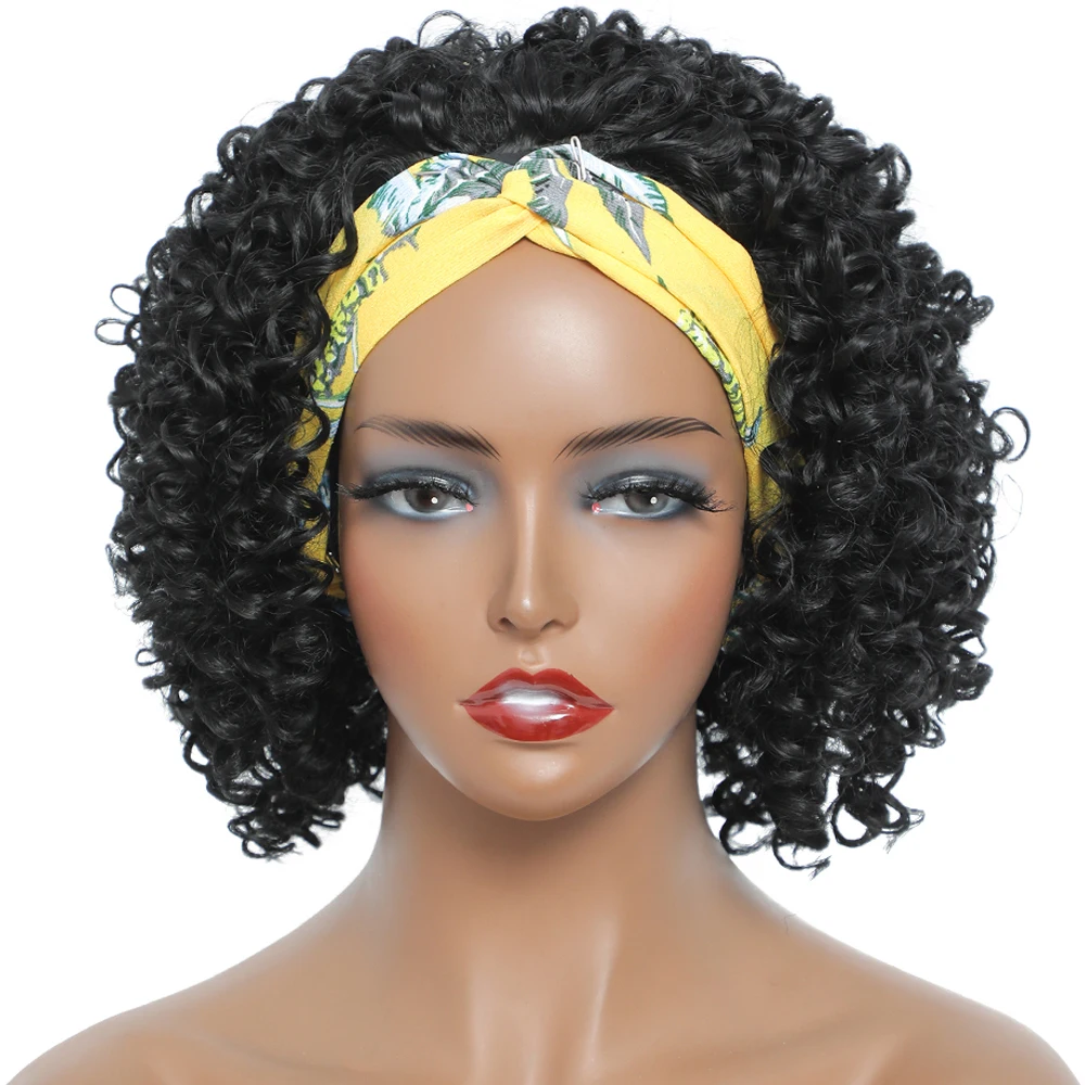 Perucas macias e encaracoladas com bandana Peruca Curta Sem Cola Peruca de cabelo sintético afro profundo para mulheres e meninas naturais pelucas para mulher