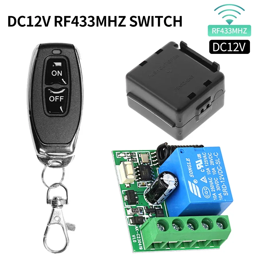 Uniwersalny bezprzewodowy przekaźnik RF 433MHz, 1 kanał, 10A, DC12V, odbiornik i nadajnik, zdalnie sterowany przełącznik do bramy garażowej, elektromagnetyczny zamek.