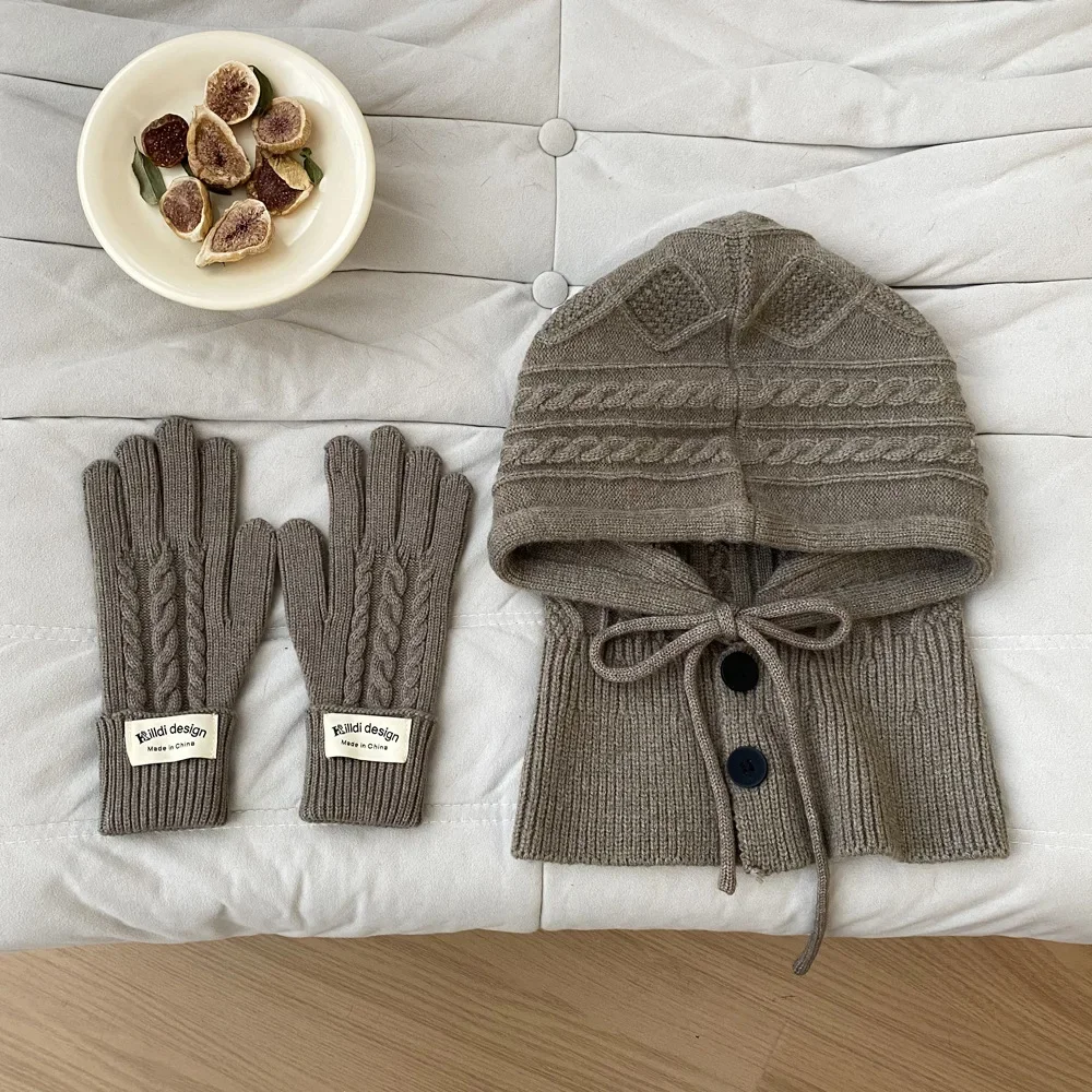 Koreaanse Muts en Handschoen Set voor Vrouwen Warme Mutsen Sjaal Imitatie Kasjmier Gebreide Zachte Sjaal Split Vinger Trui Hoed