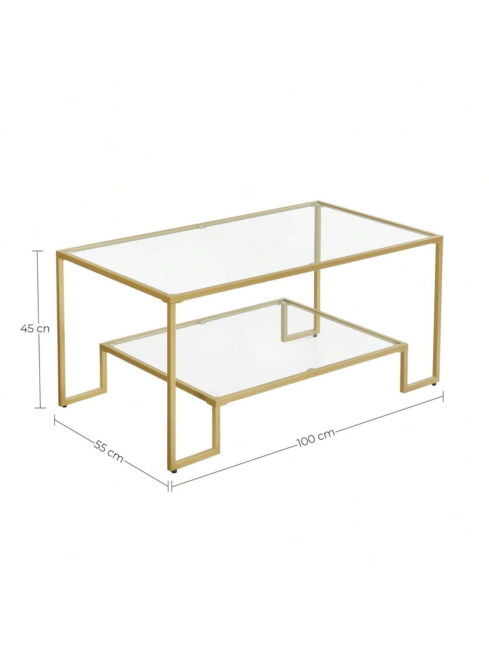 Mesa de centro de vidrio VASAGLE con almacenamiento Superficie de vidrio templado, marco de acero 100x55x45 cm, Color dorado