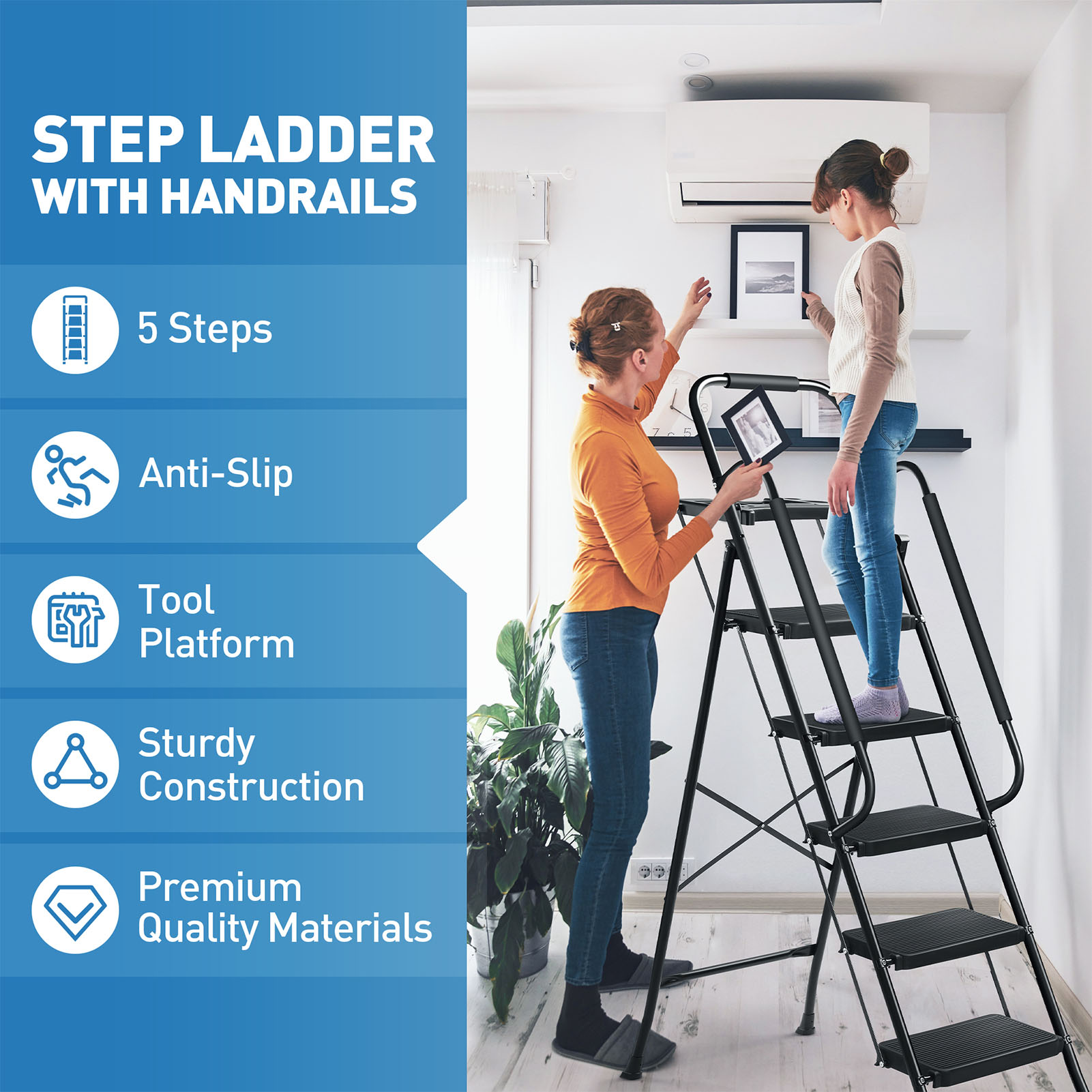Escalera de 5 escalones con pasamanos, taburete plegable con plataforma de herramientas, escalera de acero portátil de 330 libras para adultos