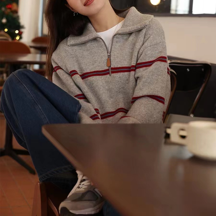 Harajuku warna kontras bergaris setengah ritsleting Polo Pullover Sweater Y2k Sweatshirt Hoodie wanita 2023 musim gugur malas musim gugur pakaian rajut