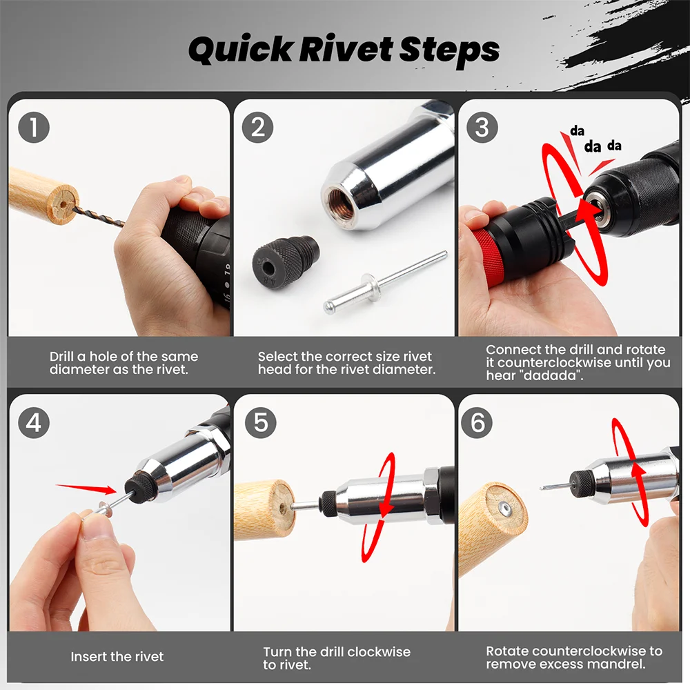 Machine à riveter, adaptateur de pistolet à riveter électrique, outil de rivetage domestique 2,4 mm-3,2 mm-4,0 mm-4,8 mm-6,4 mm avec poignée, machine à riveter multifonction sans fil, adaptée aux perceuses électriques