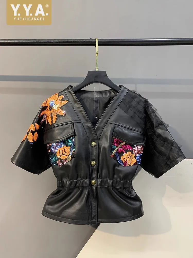 Frauen Echtes Leder Jacke Schaffell Mode SlimFit Taille Mantel Frühling Kurzarm V-ausschnitt Patchwork Pailletten Spitze Batwing Hülse