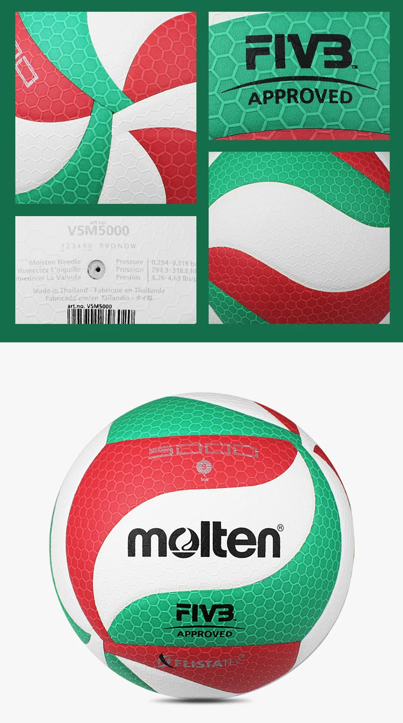 Molten วอลเลย์บอลขนาด 5 วอลเลย์บอล PU Ball สําหรับนักเรียนผู้ใหญ่และวัยรุ่นการแข่งขันการฝึกอบรมกลางแจ้งในร่ม FLISTATEC