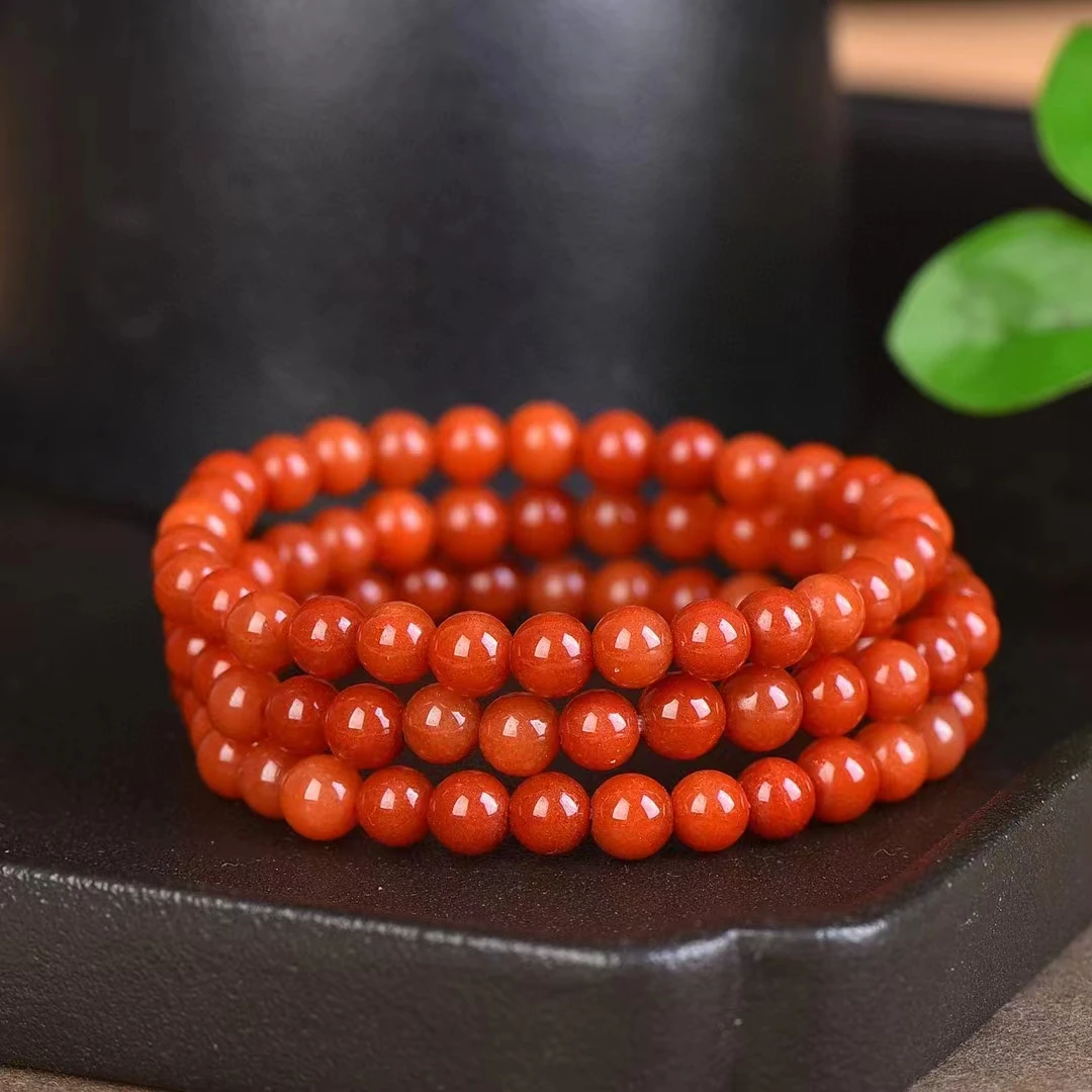 สร้อยโซ่มือหยกไหมสีทองหินสีแดงธรรมชาติขนาด6มม. กำไลข้อมือยืดหยุ่นกำไลอัญมณีสำหรับสตรีเครื่องประดับสุดมีเสน่ห์