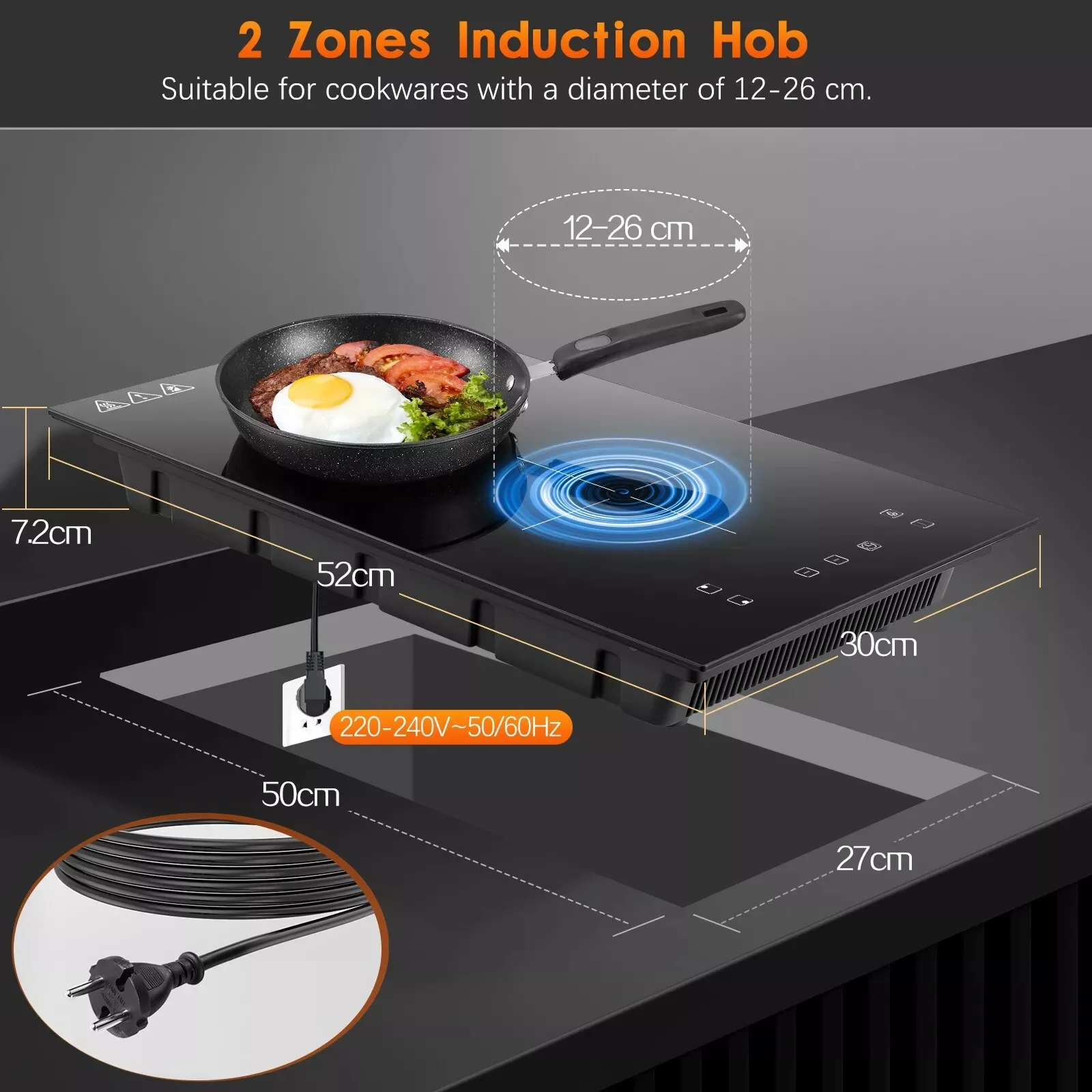 KICHPOWER 30cm 2 plaques 1-99 Min Min Min Min Min Timer Touch Control 3300W Plaque de cuisson à induction
