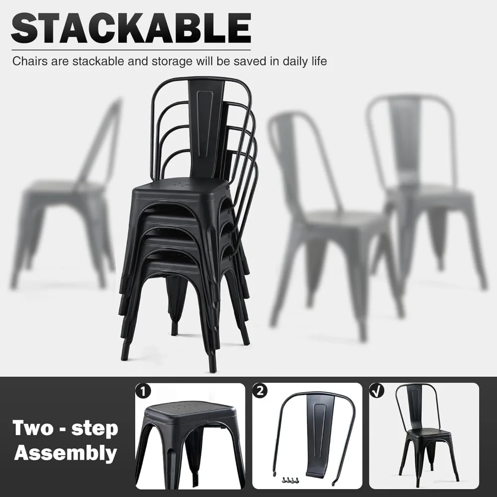 Metal Dining Chair Set of 4 Stackable Indoor Outdoor Industrial Vintage Chairs Bistro Restaurant Kitchen Cafe Side Chairs Matte
