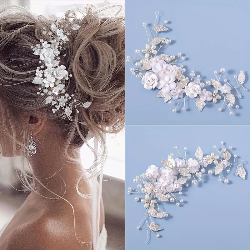 1 pezzo fiore sposa capelli da sposa vite perla pezzo di capelli da sposa accessori per capelli foglia fascia con strass per donne e ragazze