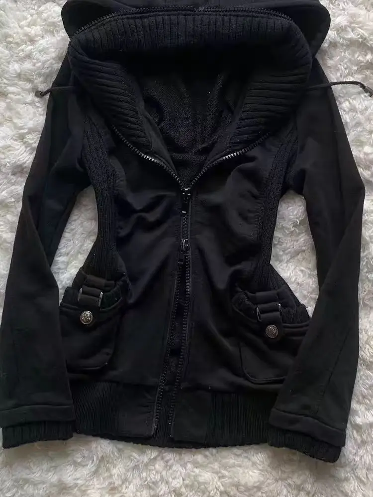 Sudadera con capucha informal para mujer, sudaderas góticas Retro, estilo Punk Hip Hop, cárdigan multifuncional de calle alta, nueva tendencia, color negro