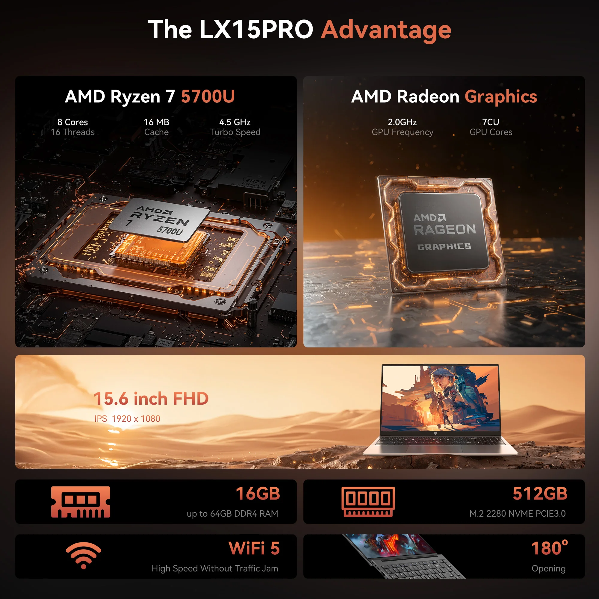 ACEMAGIC Computer portatile AMD Ryzen 7 5700U Windows Laptop 15,6 pollici IPS 16 GB DDR4 512 GB NVMe SSD retroilluminato e tastiera numerica