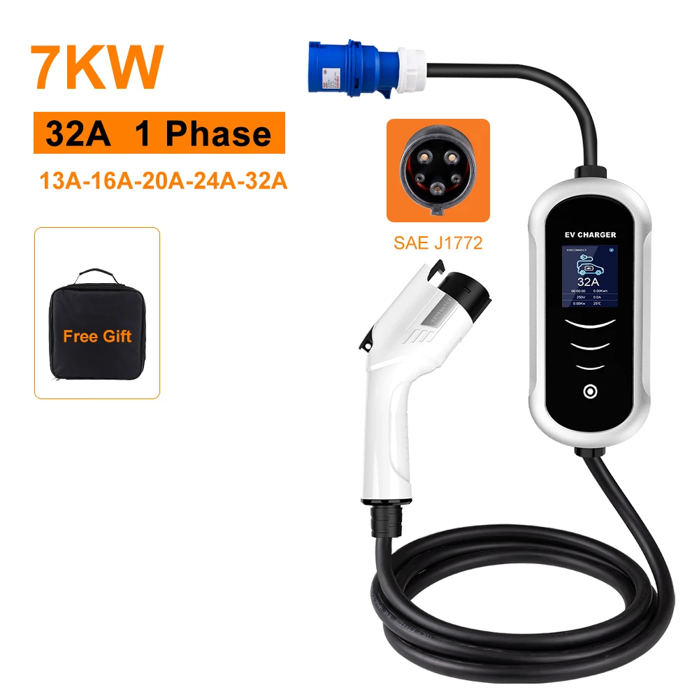 IPENGEN ポータブル EV 充電器ウォールボックス Type2 ケーブル 32A 7KW CEE プラグ EVSE Type1 充電ボックス j1772 アダプター電気自動車車用