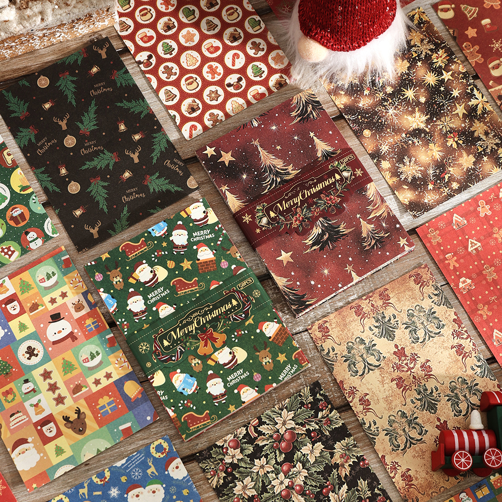 50 hojas de papel Vintage para álbum de recortes de Navidad, Material de decoración de fondo de árbol de Navidad creativo de gran tamaño no pegajoso
