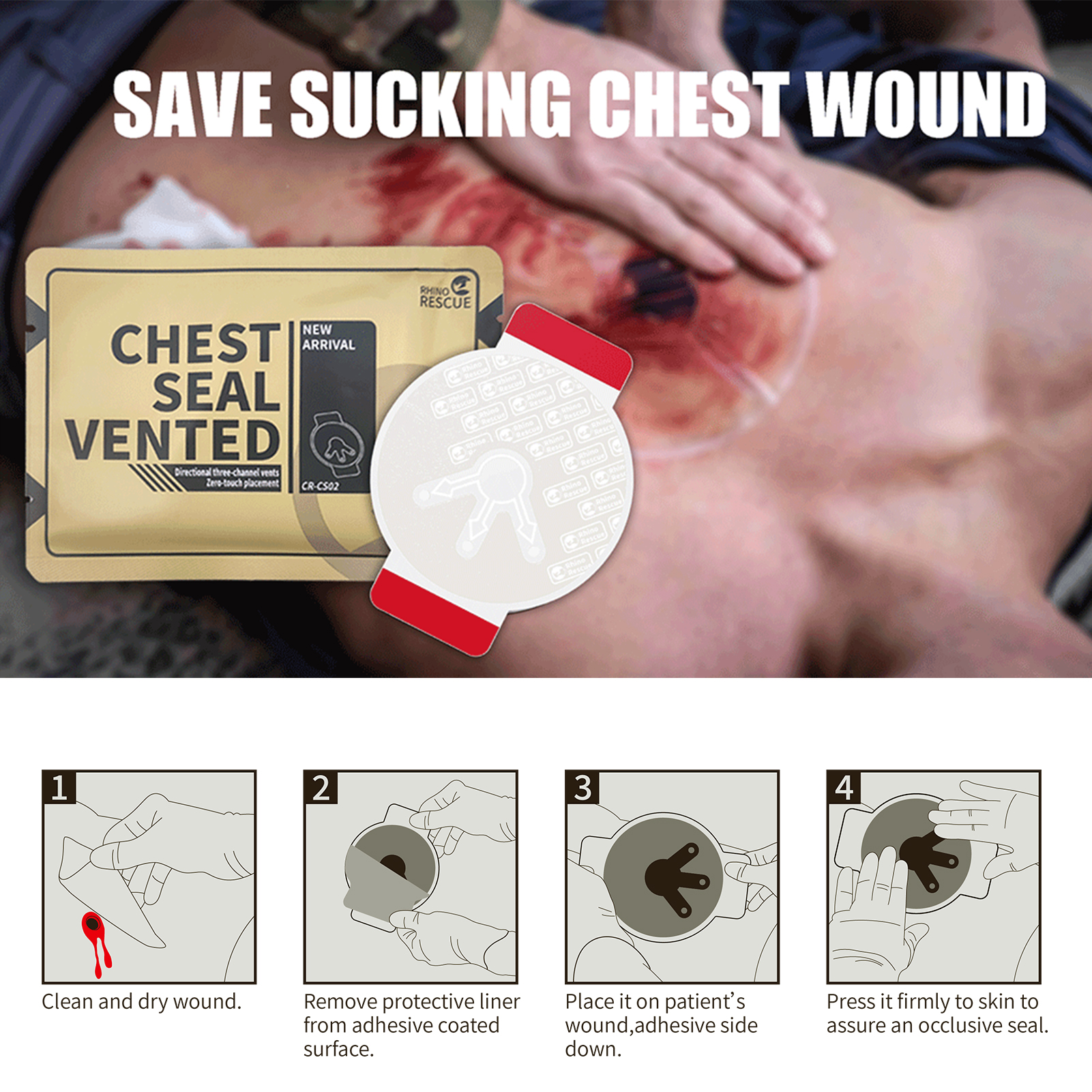 RHINO RESCUE Joint de poitrine tactique ventilé, soins des traumatismes pour les médicaments de combat Patch de scellage de poitrine, fournitures IFAK