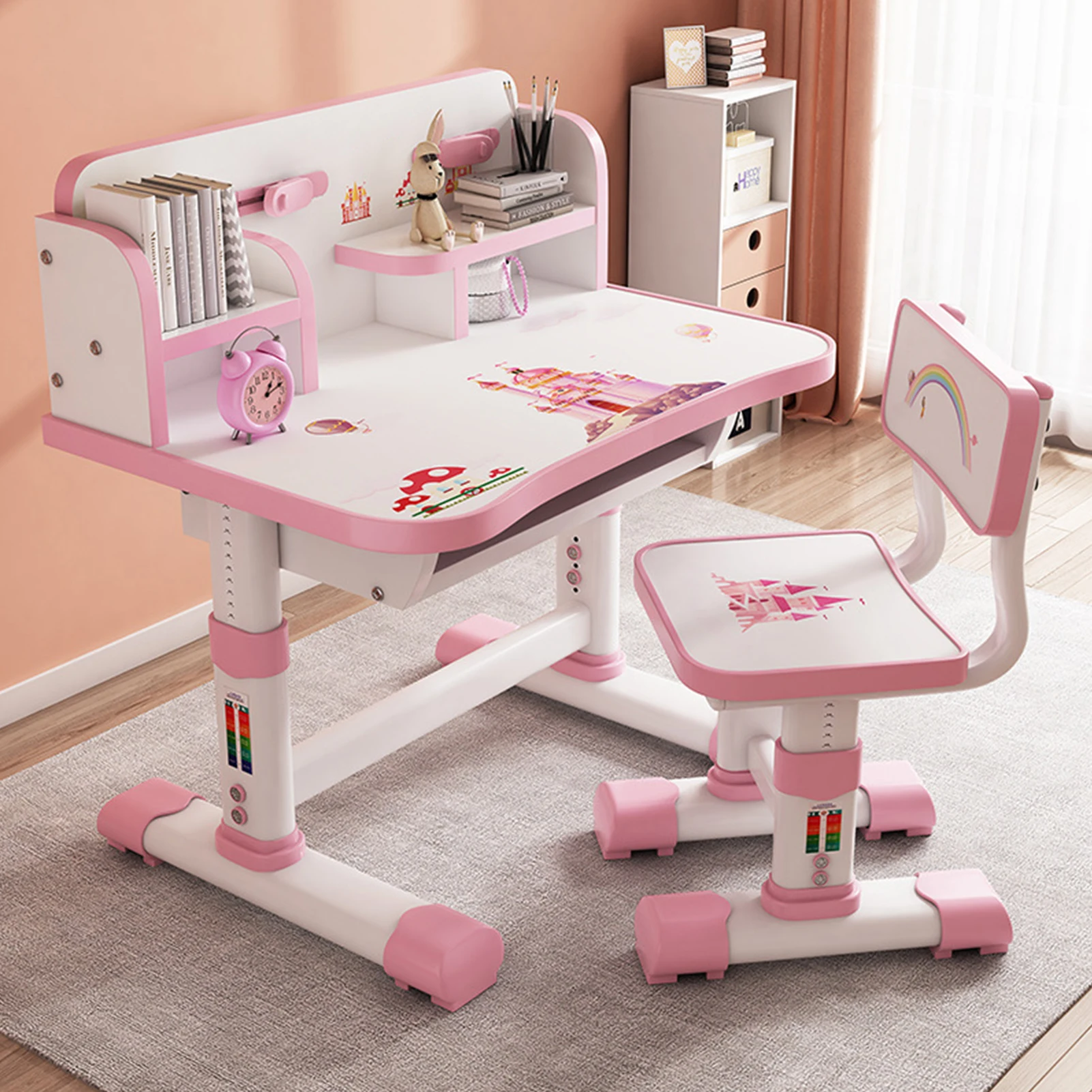 Height Adjustable Children School Study Table Chair Set with Cartoon Pattern, Ergonomic Desk Chair with Large Writing Board