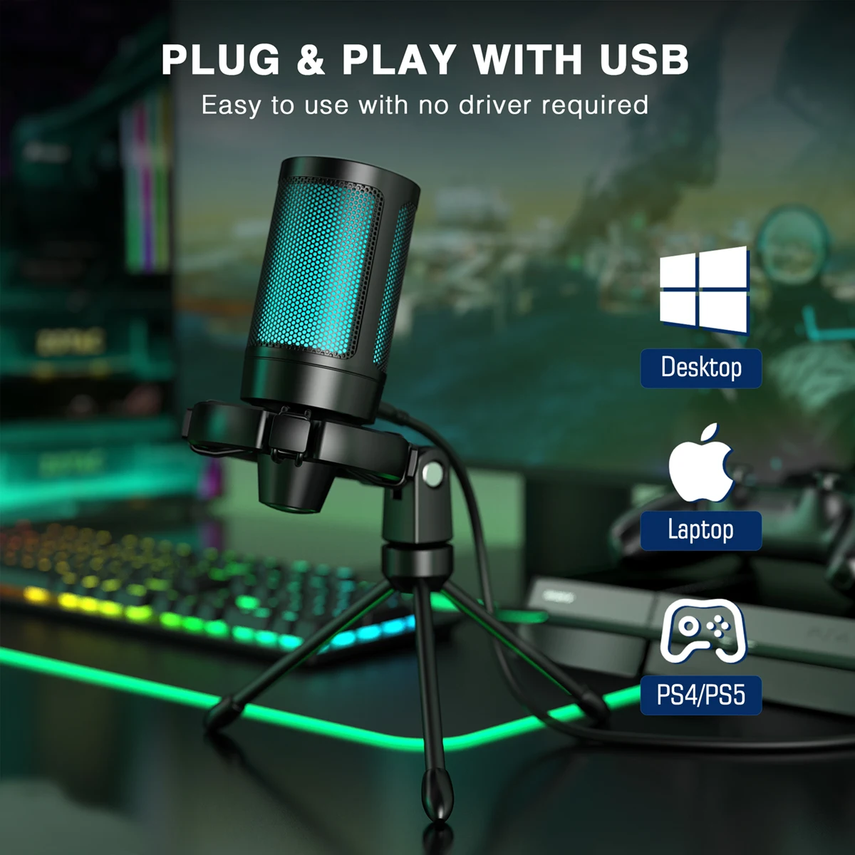 AmpliGame by FIFINE RGB-USB-Gaming-Mikrofon mit Licht-Touch-Stummschaltung, Kondensatormikrofon mit Stativ für PC, PS4/5, Laptop-Streaming-A2