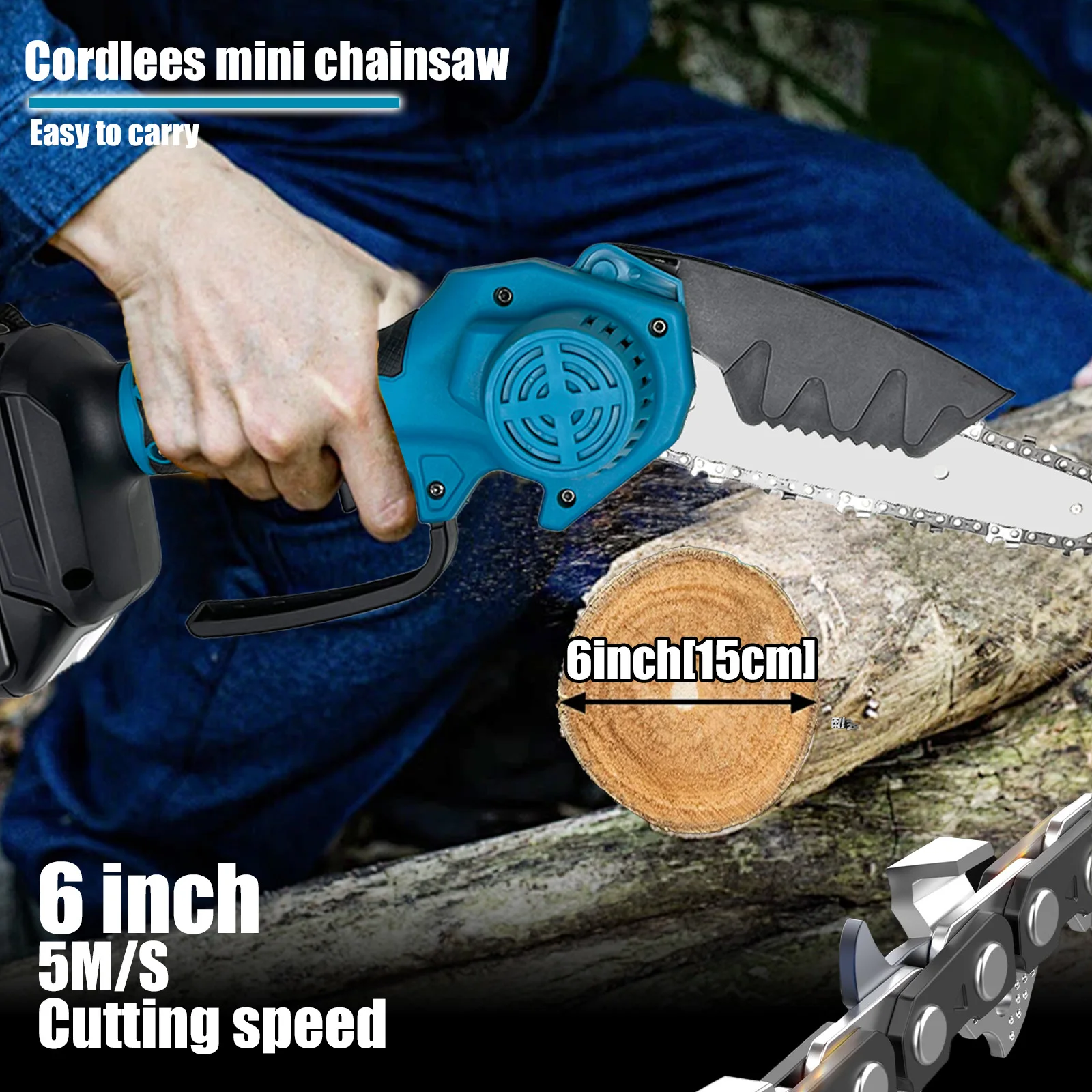 Akku-Kettensäge für Makita 18 V Akku 6 Zoll tragbare Mini-Kettensäge 3000 U/min zum Baum-/Zweig-/Holzschneiden
