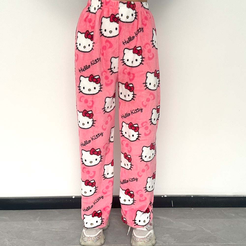 Hello Kitty Pyjamahose Y2K Anime Cartoon Kawaii Mode Lässig Flanell Warme Wolle Herbst Winter Erwachsene Mädchen Hose Heimhose