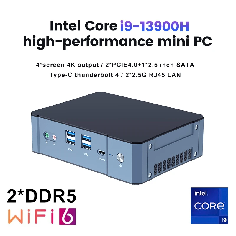 Super Deal Mini-PC 13. Generation Intel i9-13900H Mini-Computer (14 Kerne, 20 Threads) 64GB DDR4 & 4TB SSD Windows 11 Desktop-PC WLAN
