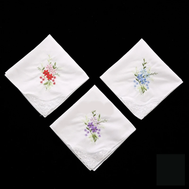 Lenço de algodão quadrado bordado macio 28 cm estilo floral rendado com debrum