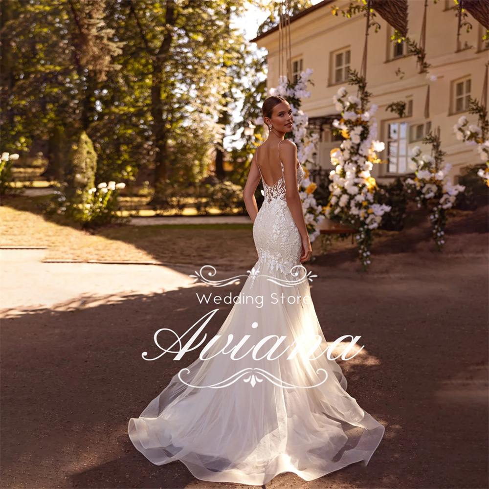 Angepasst Aviana Spaghetti Strap V-ausschnitt Meerjungfrau Hochzeit Kleid Backless Tüll Applikationen Stickerei Schatz Vestidos de novia
