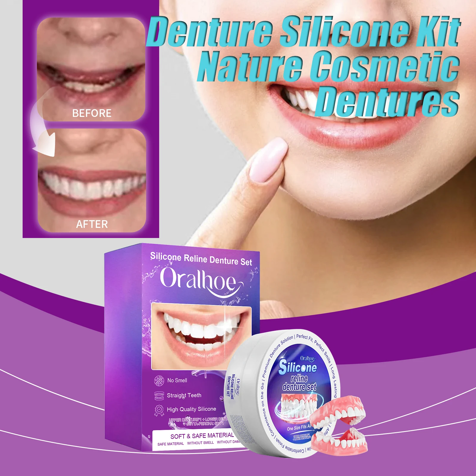 Kit per protesi in silicone Fodere in silicone Kit morbido Kit per protesi morbida Set per denti superiore e inferiore Protesi cosmetici naturali facili da usare
