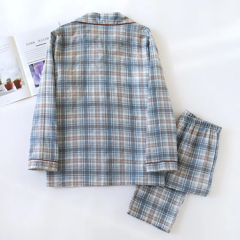 2025 japanisches neues Herren-Pyjama-Set, Frühling/Sommer, kariert, schlicht, langärmelig, zweiteiliges Set, Strickjacke aus 100 % Baumwolle, Heimtextilien