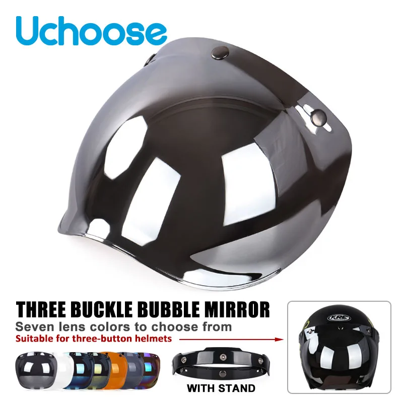 Authentischer Bubble Mirror Motorradhelm mit drei Knöpfen, Retro-Stil, Helmlinsen, Bubble Shield Visiere, Helmzubehör