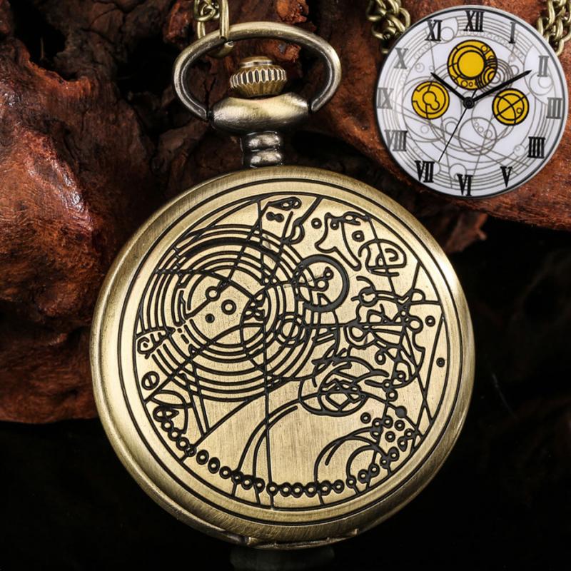 Retro bronze tempo senhor espaço exploração design relógio de bolso de quartzo masculino colar popular filme herói cosplay pingente relógio corrente