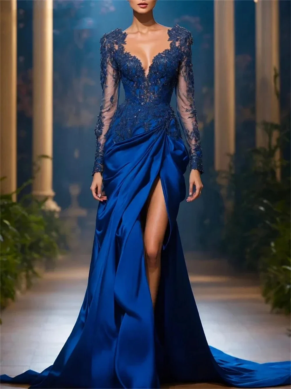 Novo luxo renda applique manga longa sereia com decote em v fenda lateral vestido de noite cetim personalizado baile de formatura vestido de festa de casamento 2025